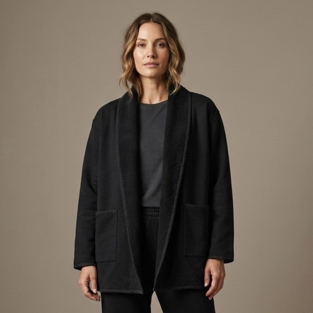 FILOSOFIA Women Open Front Cardigan Size M Black Cotton Fleece Shawl Collar